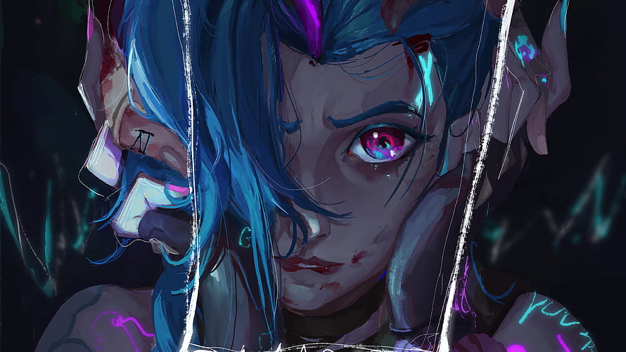 Jinx from Arcane Digital Art Portrait with Blue Hair and Neon Glow HD wallpaper