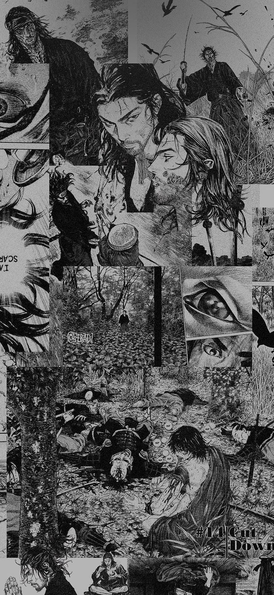Vagabond Manga Collage: Black and White Panels of Musashi in the Forest HD phone wallpaper
