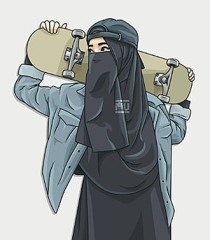 Illustration of a woman in a black niqab and denim jacket carrying a skateboard on her shoulder HD phone wallpaper