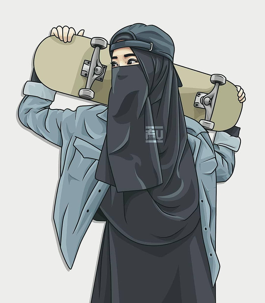 Illustration of a woman in a black niqab and denim jacket carrying a skateboard on her shoulder HD phone wallpaper