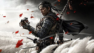 Ghost of Tsushima Samurai Warrior in Armor with Katana and Bow Amidst Red Leaves HD wallpaper