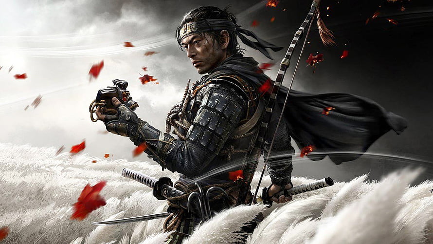 Ghost of Tsushima Samurai Warrior in Armor with Katana and Bow Amidst Red Leaves HD wallpaper