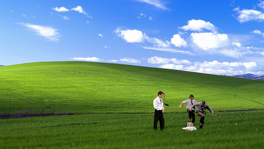 Office Space Characters in Windows XP Bliss Landscape HD wallpaper