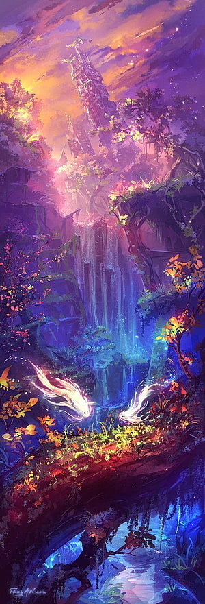 Fantasy Waterfall Landscape with Glowing Koi Fish and Ancient Ruins HD phone wallpaper