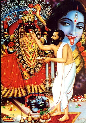 Ramakrishna Offering Prasad to Kali Thakur with Sarada Devi in Background HD phone wallpaper