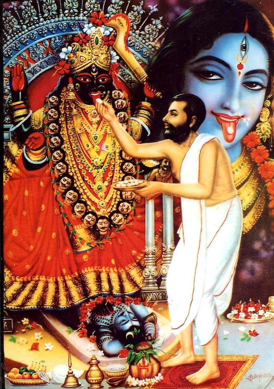 Ramakrishna Offering Prasad to Kali Thakur with Sarada Devi in Background HD phone wallpaper