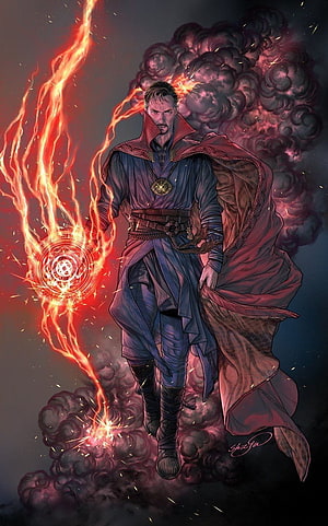 Doctor Strange Conjuring Eldritch Fire and Mystical Energy in Dark Comic Art HD phone wallpaper