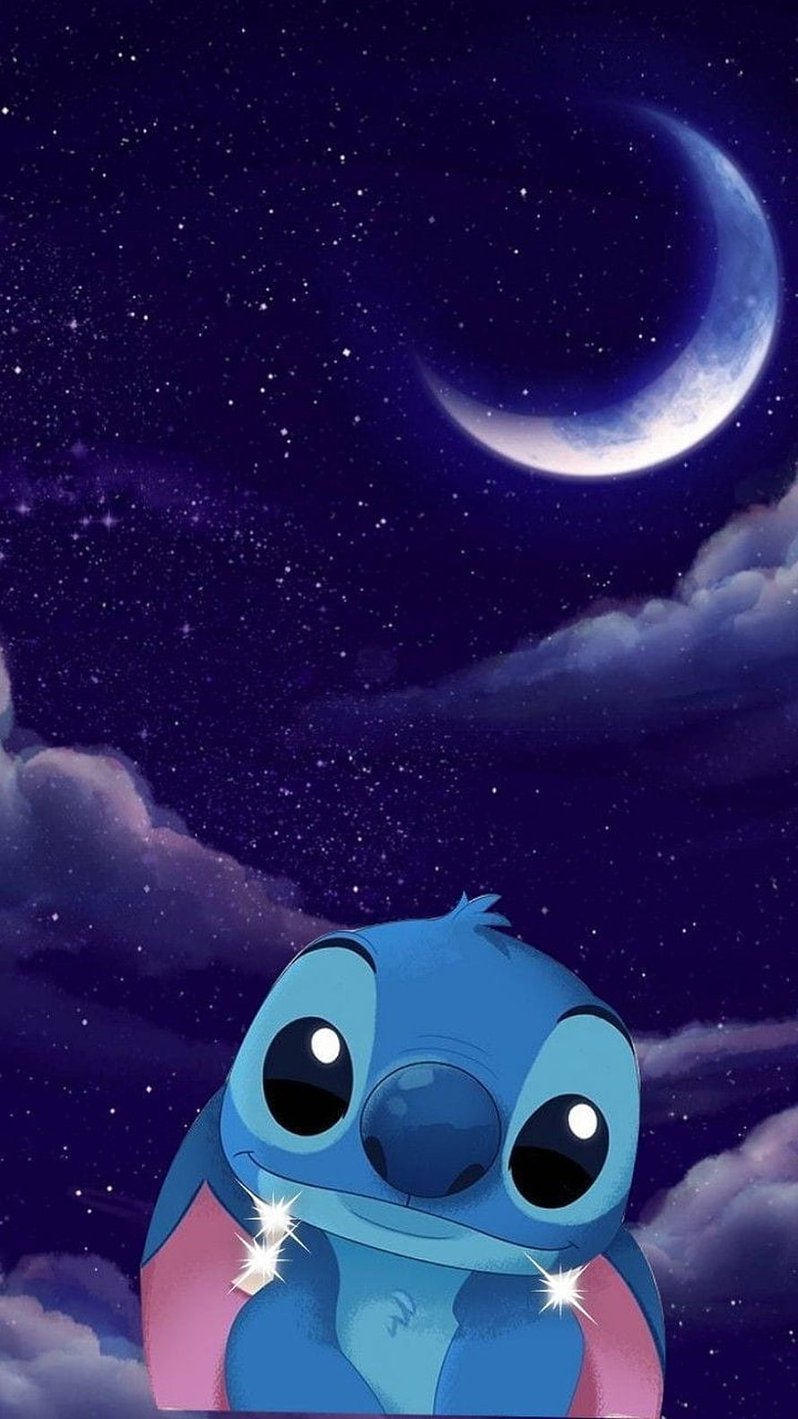 Stitch Gazing at a Crescent Moon in a Starry Night Sky with Soft Clouds HD phone wallpaper
