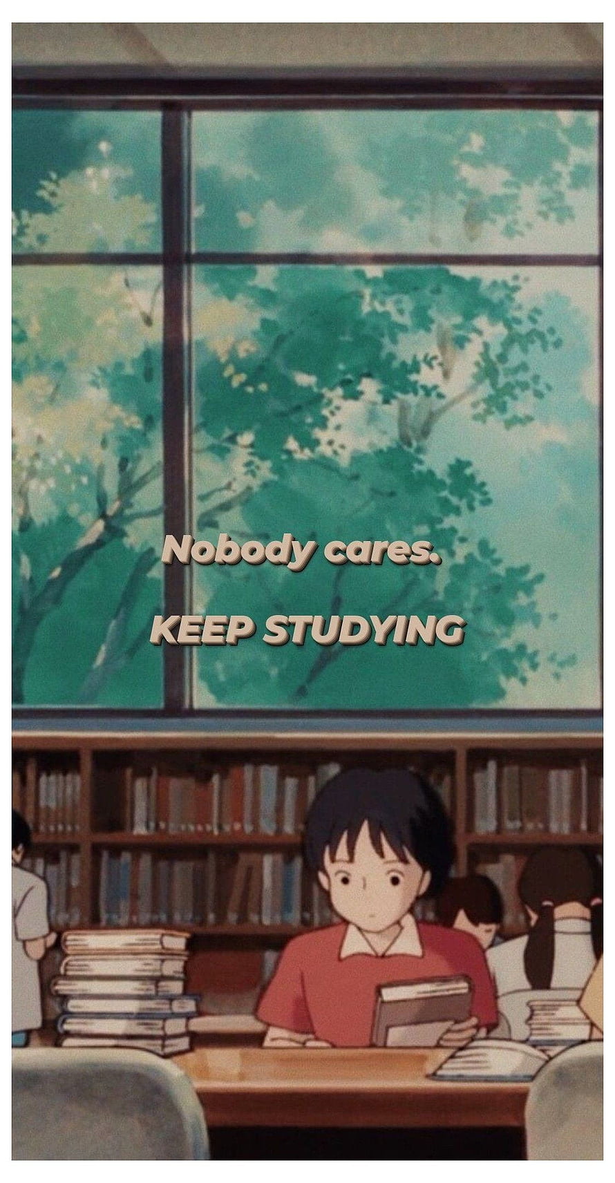 Anime Girl Studying in Library with Motivational Quote About Keeping Going HD phone wallpaper