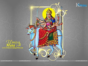 Umiya Mataji Riding White Bull with Sword and Trident in Traditional Indian Art HD wallpaper