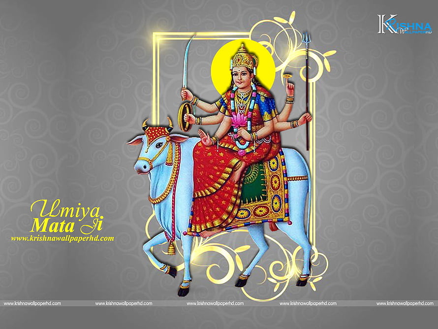 Umiya Mataji Riding White Bull with Sword and Trident in Traditional Indian Art HD wallpaper
