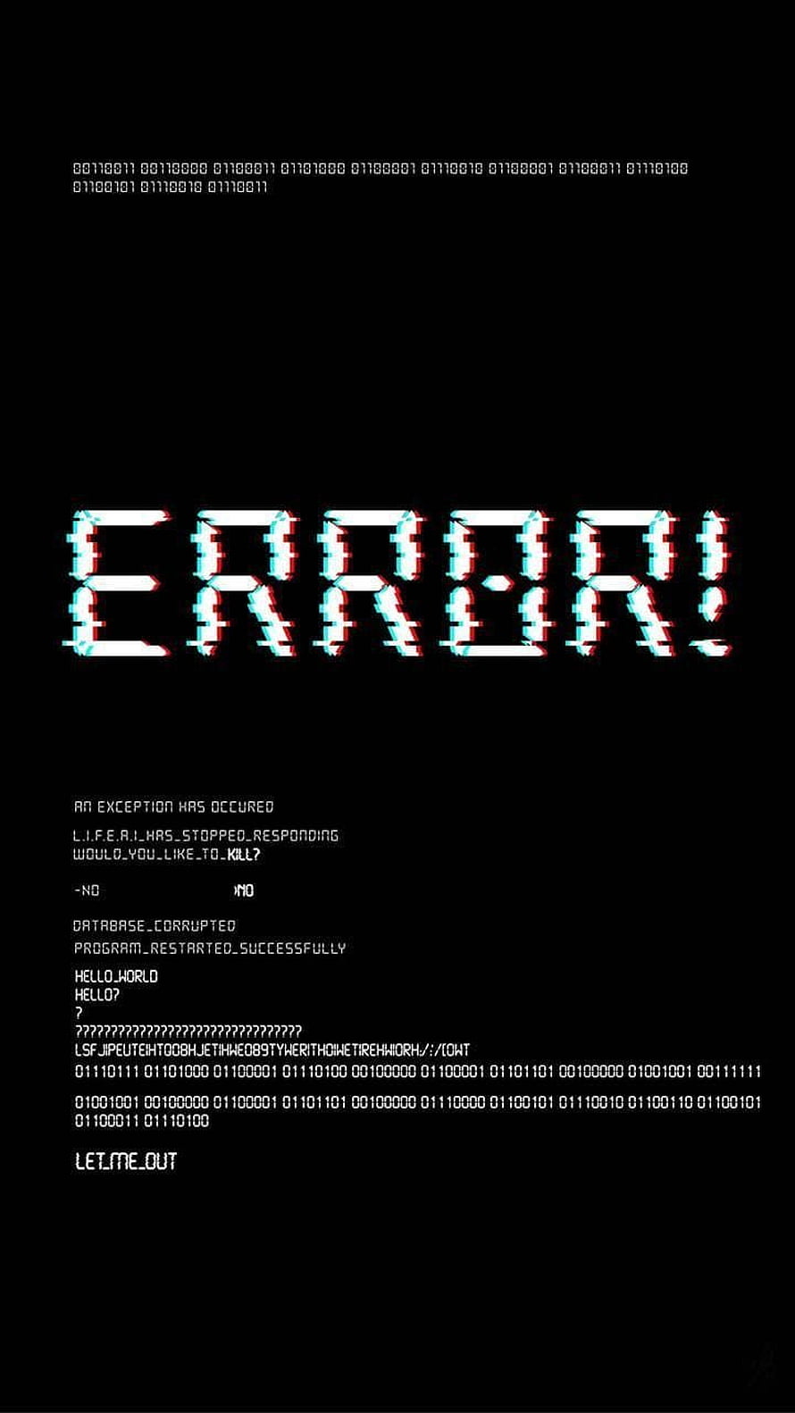 Glitch Art Error Screen with Binary Code and Terminal Text on Black Background HD phone wallpaper