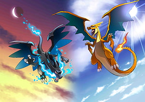 Mega Charizard X and Y Confrontation in Dramatic Sky HD wallpaper