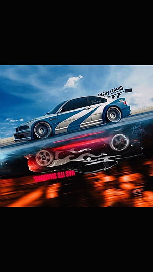 NFS Most Wanted BMW M3 GTR Blue and White Livery Digital Artwork HD phone wallpaper