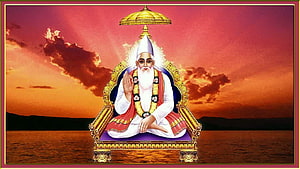 Saint Kabir Das Seated on Golden Throne with Sunset Sky and Floral Garland HD wallpaper