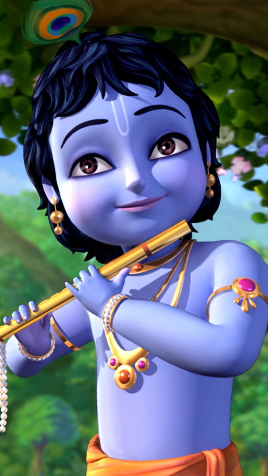 3D Animated Baby Krishna Playing Golden Flute in Lush Green Forest HD phone wallpaper