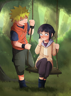 Young Naruto and Hinata Sharing a Moment on a Forest Swing HD phone wallpaper