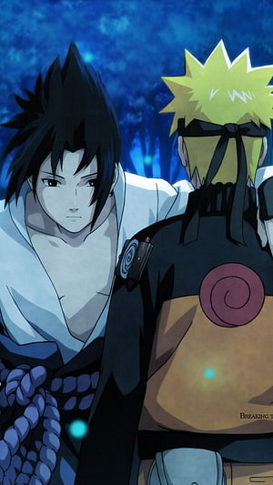 Naruto and Sasuke anime duo in dramatic blue-lit scene with Konoha headband and spiral emblem HD phone wallpaper