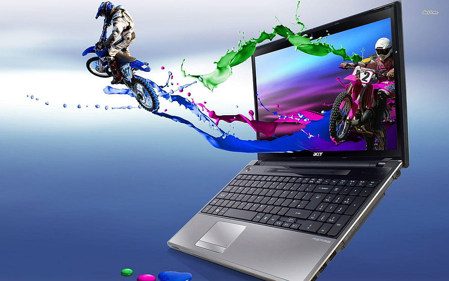 Acer Aspire Laptop With Vibrant Dirt Bike Splash Artwork HD wallpaper