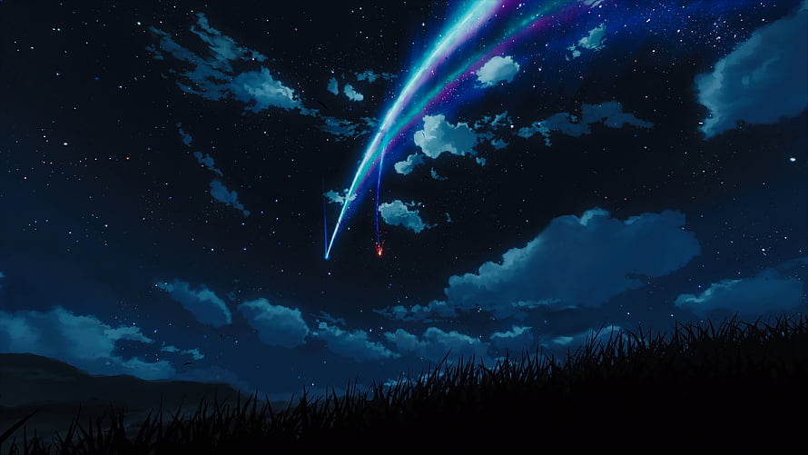 Your Name Anime Night Sky with Meteor and Aurora Over Grassy Hill HD wallpaper