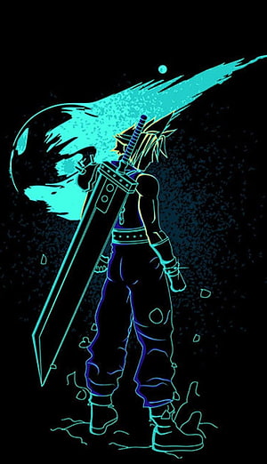 Cloud Strife from Final Fantasy VII in Neon Cyan Line Art with Buster Sword HD phone wallpaper