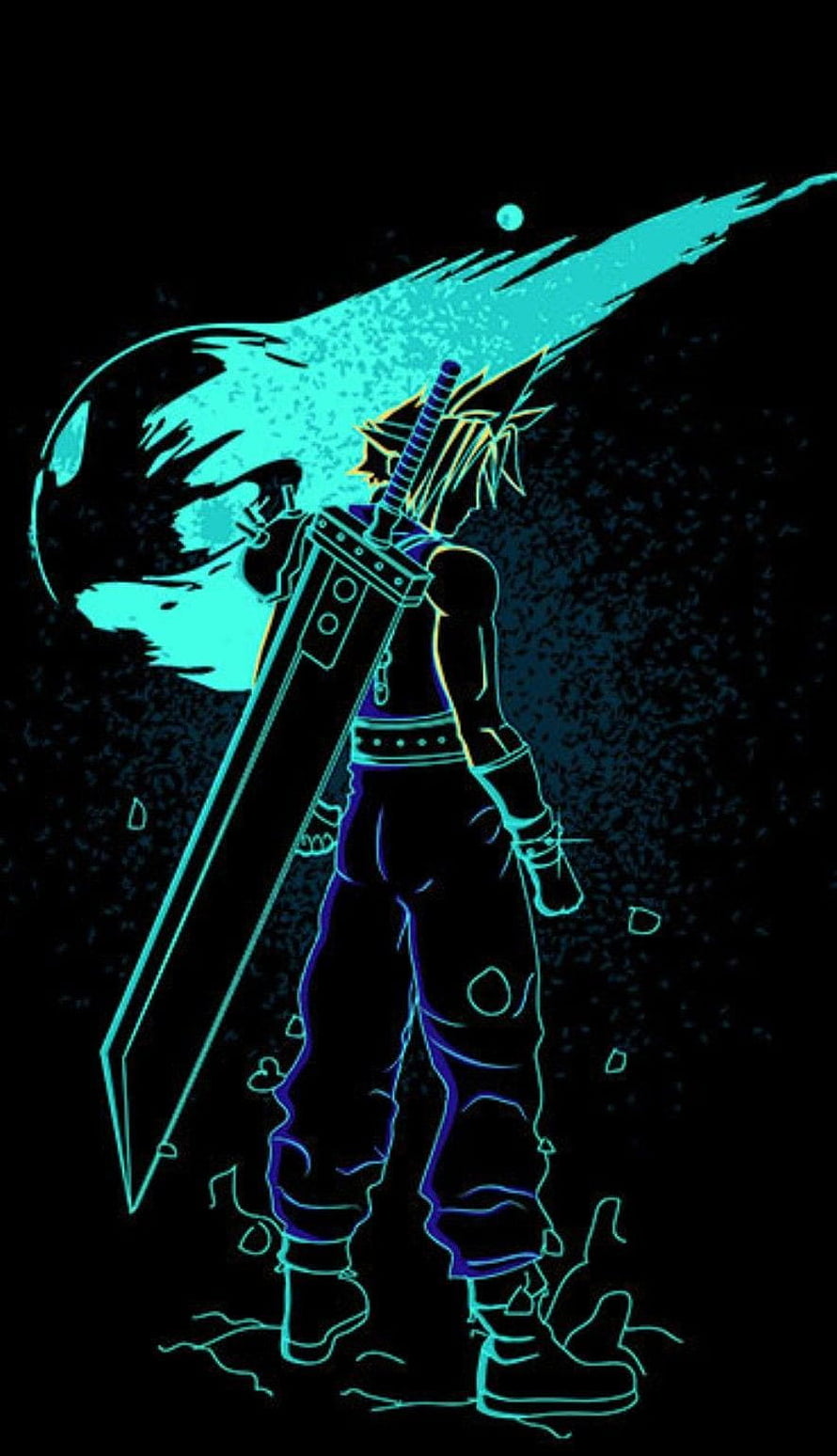 Cloud Strife from Final Fantasy VII in Neon Cyan Line Art with Buster Sword HD phone wallpaper