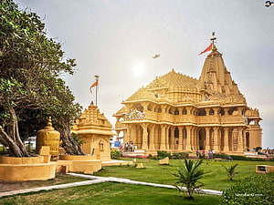 Somnath Temple in Gujarat: Golden Hindu Shrine with Ornate Carvings and Lush Green Gardens HD wallpaper