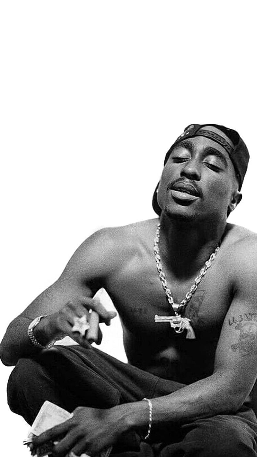 Tupac Shakur Black and White Portrait with Gun Pendant and Cash HD phone wallpaper