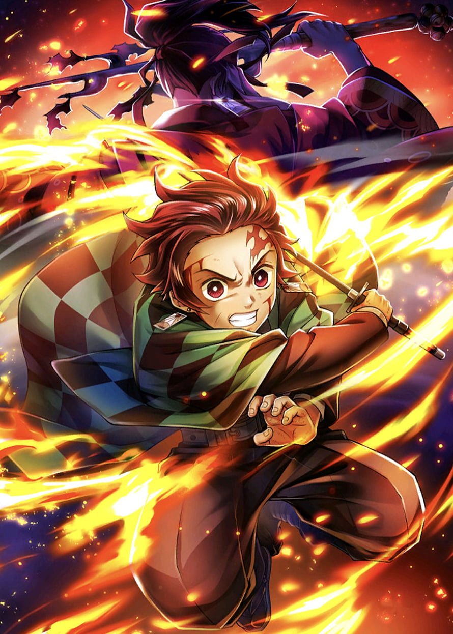 Tanjiro Kamado Wielding Flame Breathing Sword in Demon Slayer Anime Artwork HD phone wallpaper