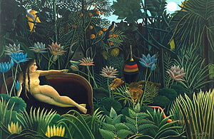 Henri Rousseau The Dream Painting Jungle Scene Nude Woman and Tiger HD wallpaper