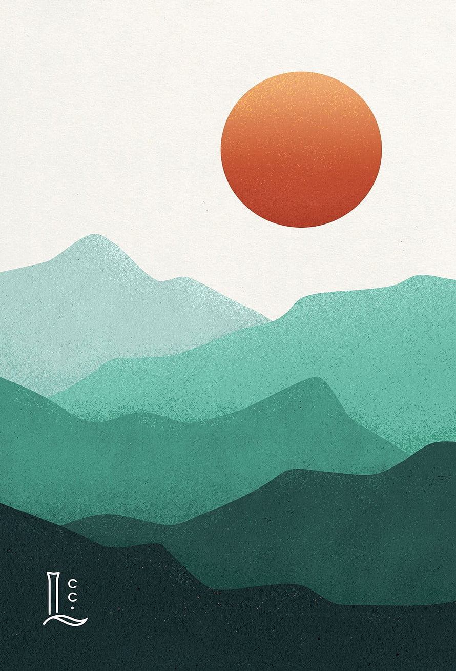 Minimalist Layered Mountain Landscape with Large Orange Sun and Teal Ridges HD phone wallpaper