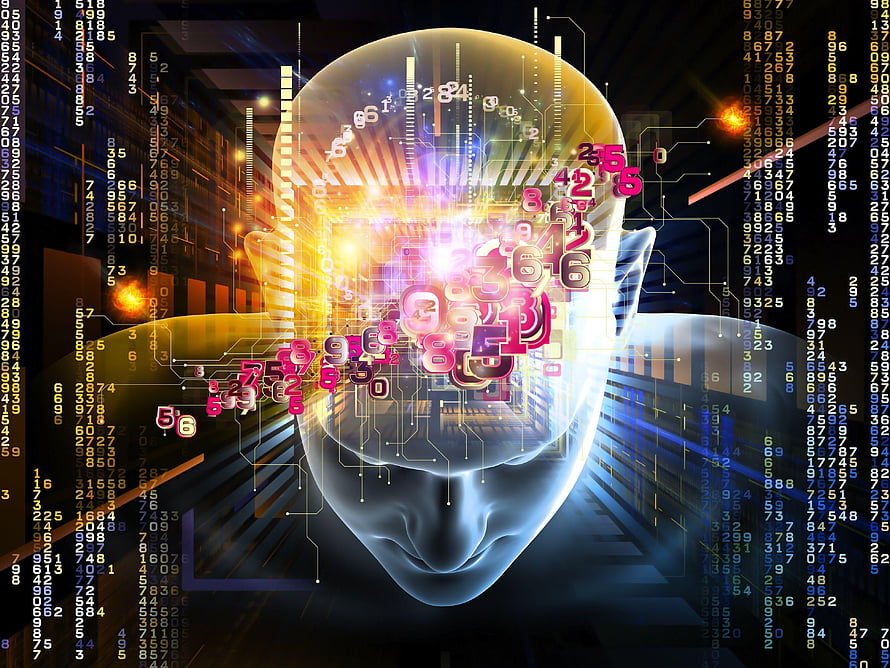 Glowing Digital Human Head with Circuitry and Floating Numbers Representing Artificial Intelligence HD wallpaper