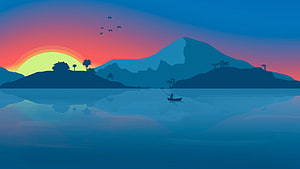 Minimalist tropical sunset landscape with fishing boat and mountain silhouettes HD wallpaper