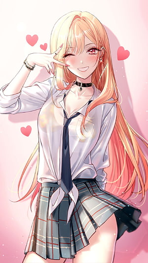 Marin Kitagawa Anime Girl in School Uniform with Blush and Peace Sign HD phone wallpaper