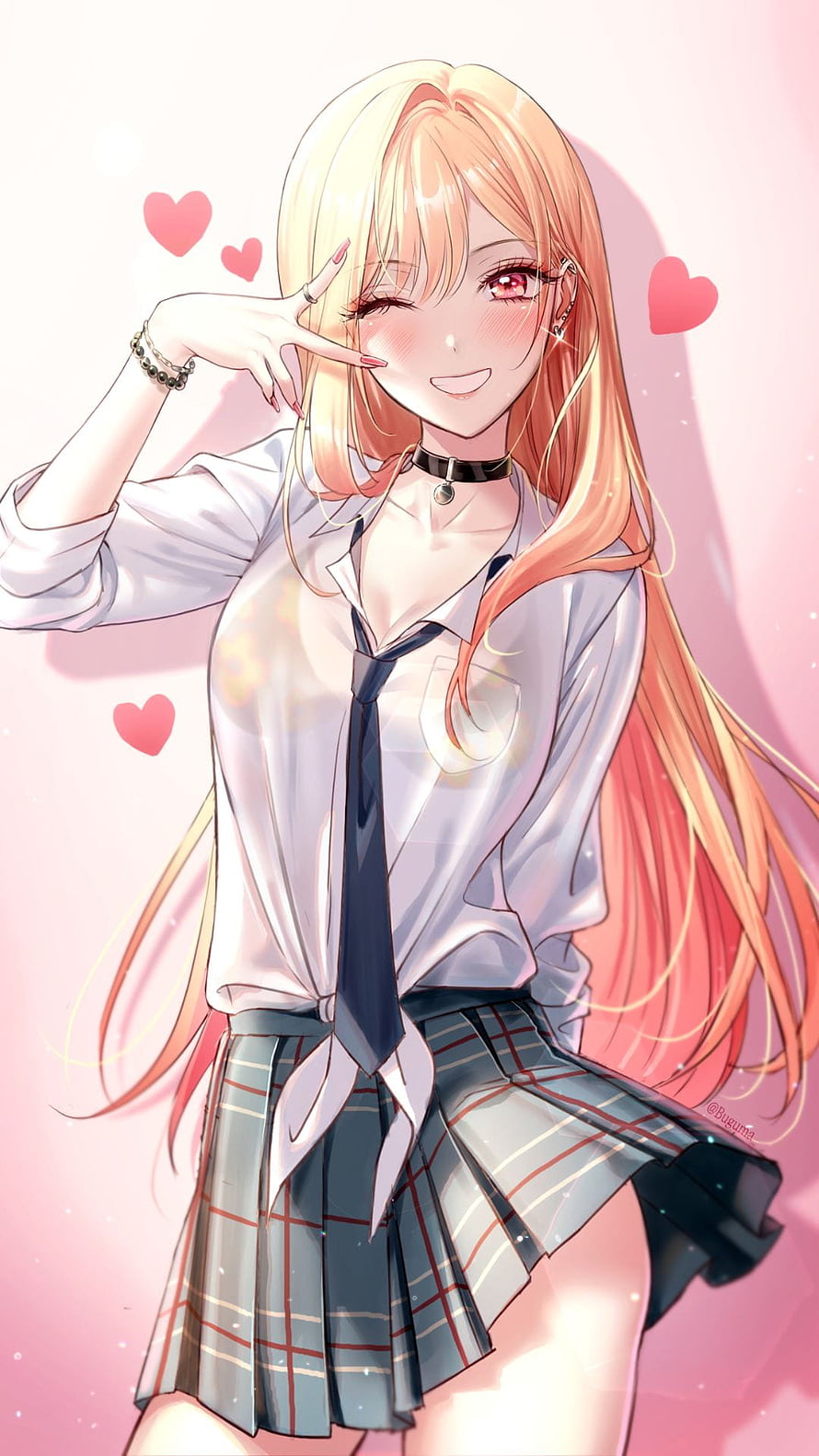 Marin Kitagawa Anime Girl in School Uniform with Blush and Peace Sign HD phone wallpaper