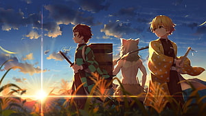 Demon Slayer trio standing in golden grass at sunset with swords and checkered haori HD wallpaper