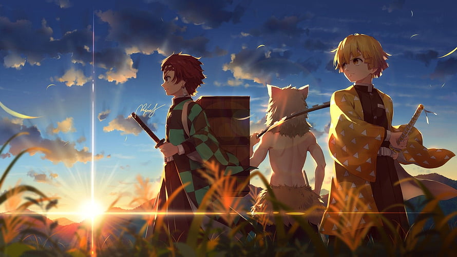 Demon Slayer trio standing in golden grass at sunset with swords and checkered haori HD wallpaper