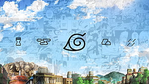 Naruto Hidden Leaf Village Skyline with Clan Symbols and Manga Collage Background HD wallpaper