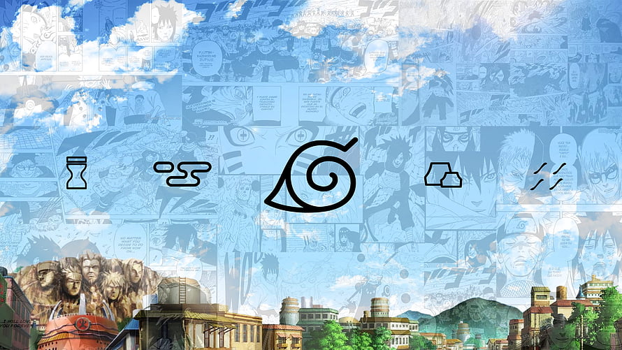 Naruto Hidden Leaf Village Skyline with Clan Symbols and Manga Collage Background HD wallpaper