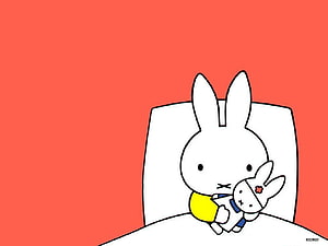 Miffy the Rabbit Cuddling a Small Bunny in Bed on a Coral Background HD wallpaper