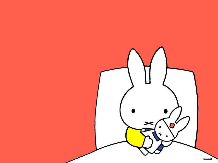 Miffy the Rabbit Cuddling a Small Bunny in Bed on a Coral Background HD wallpaper