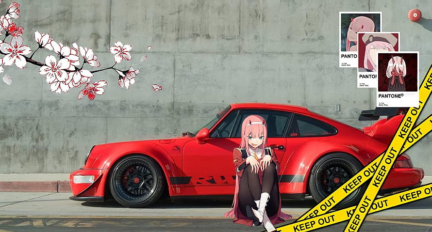 Pink-Haired Anime Girl Sitting in Front of a Red JDM Sports Car with Cherry Blossoms HD wallpaper
