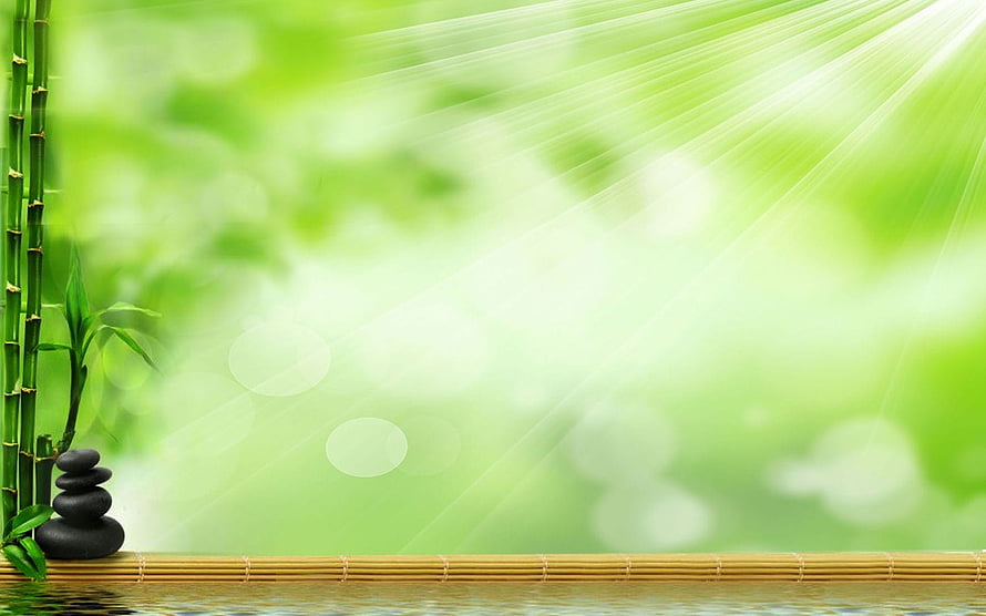 Serene Zen Garden with Bamboo, Stacked Stones, and Sunlit Green Foliage HD wallpaper