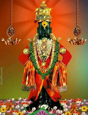 Pandurang Vitthal deity adorned in red silk and gold jewelry with hanging oil lamps HD phone wallpaper