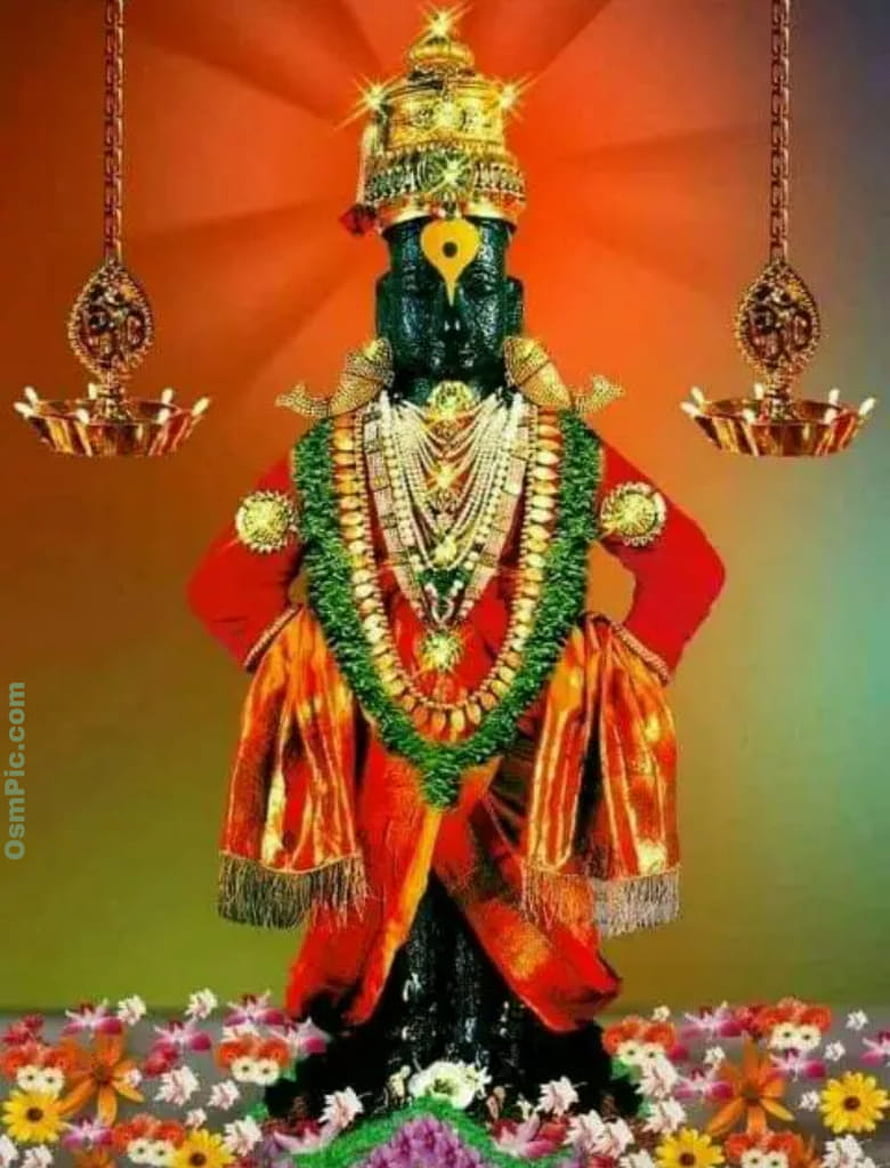 Pandurang Vitthal deity adorned in red silk and gold jewelry with hanging oil lamps HD phone wallpaper