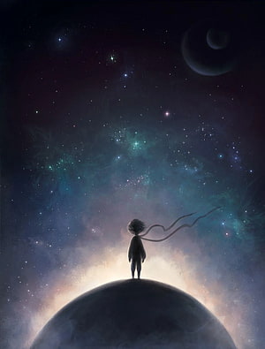 The Little Prince Standing on a Planet Gazing at a Starry Nebula Sky HD phone wallpaper