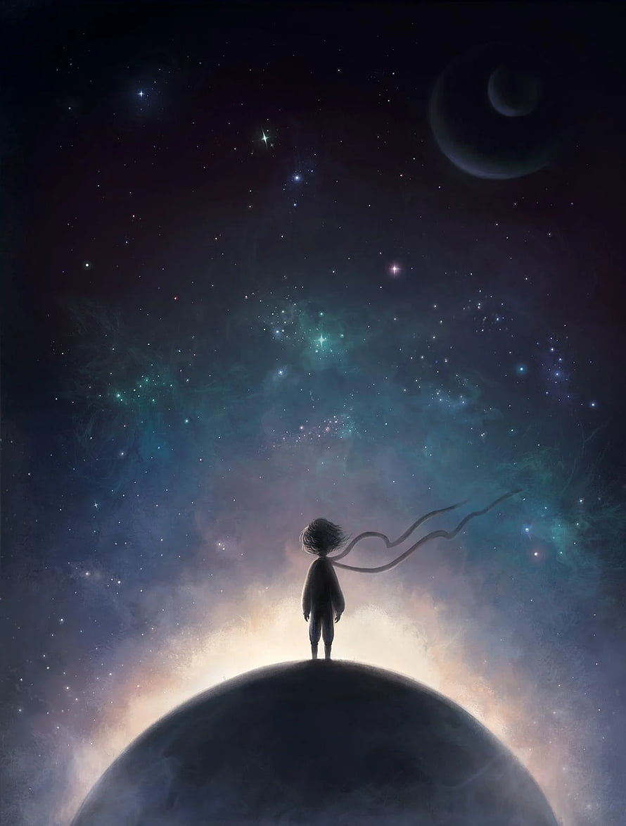 The Little Prince Standing on a Planet Gazing at a Starry Nebula Sky HD phone wallpaper