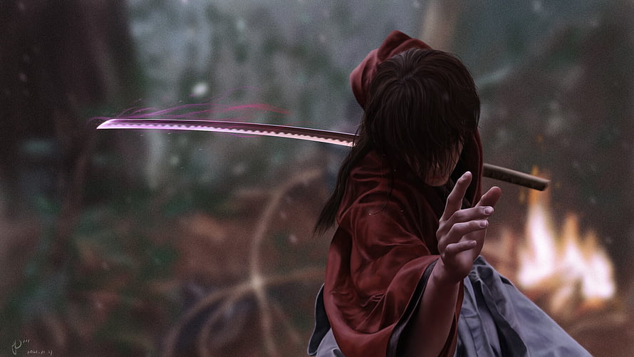 Rurouni Kenshin in Red Hood with Glowing Katana in Misty Forest HD wallpaper