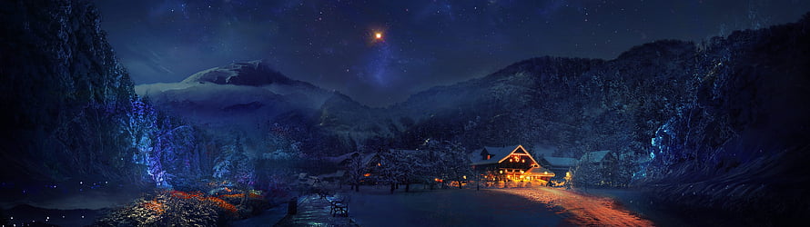 Cozy Snowy Mountain Cabin at Night Under Starry Sky HD wallpaper