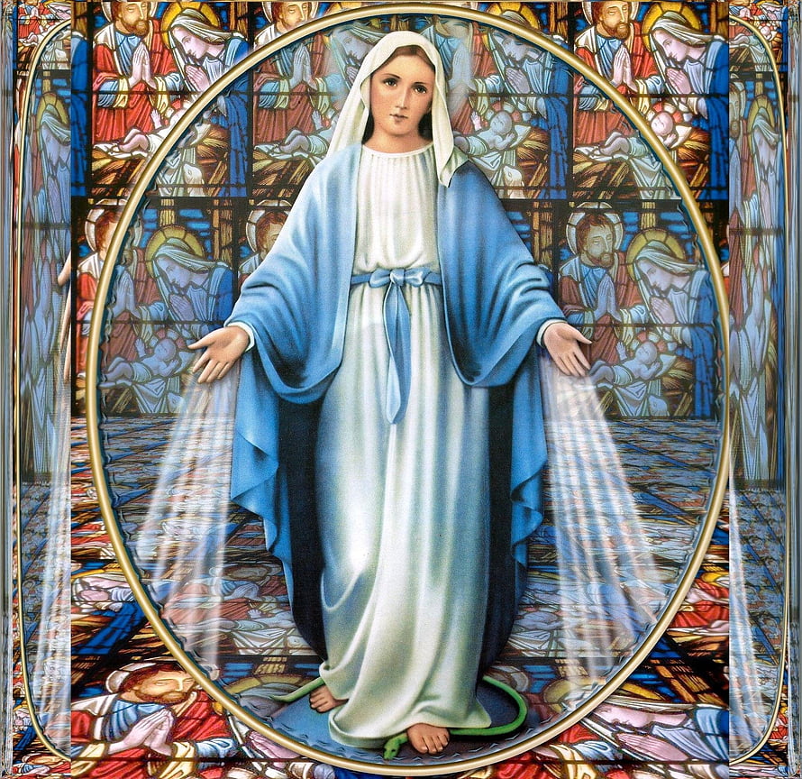 Mary Mother of God in Blue Mantle Standing Before Stained Glass Window HD wallpaper